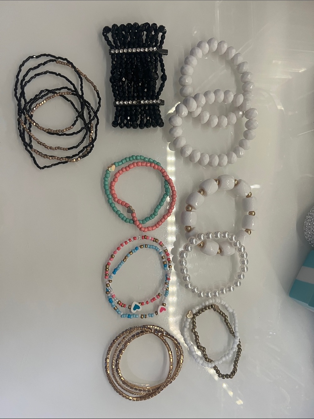 Assorted Women's Beaded Bracelets - White, Black, Pink & Turquoise Set of 20